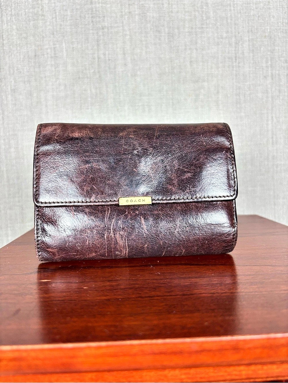 Coach Brown Leather Trifold Wallet Gold-Tone Logo ID Window Zip Coin Pocket